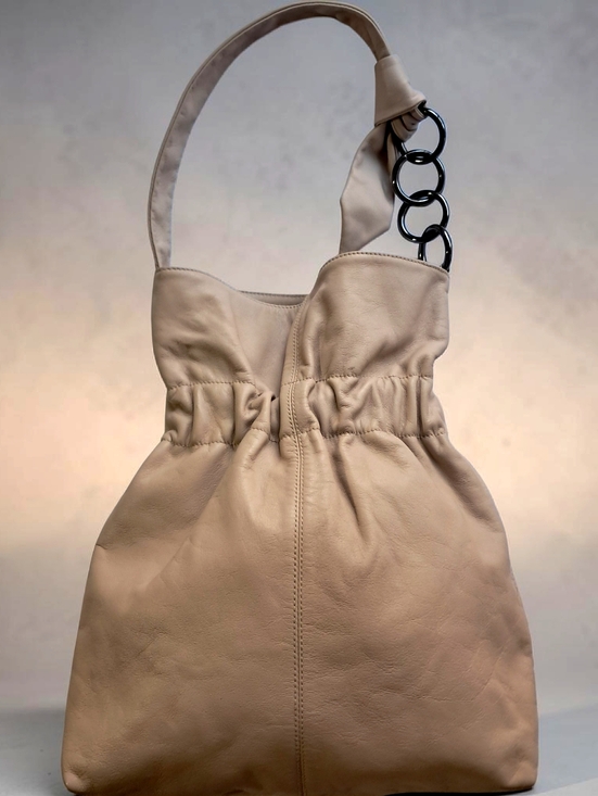 Furla Handbags - Furla Buttery Leather Shoulder Bag Ruched Opening Gunmetal Rings Bone NWOT